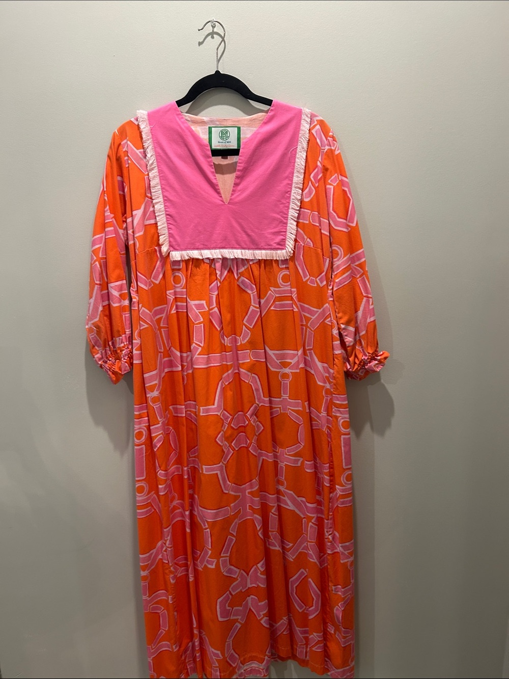 Bold Pink and Orange Printed Maxi Dress with Fringe Yoke
